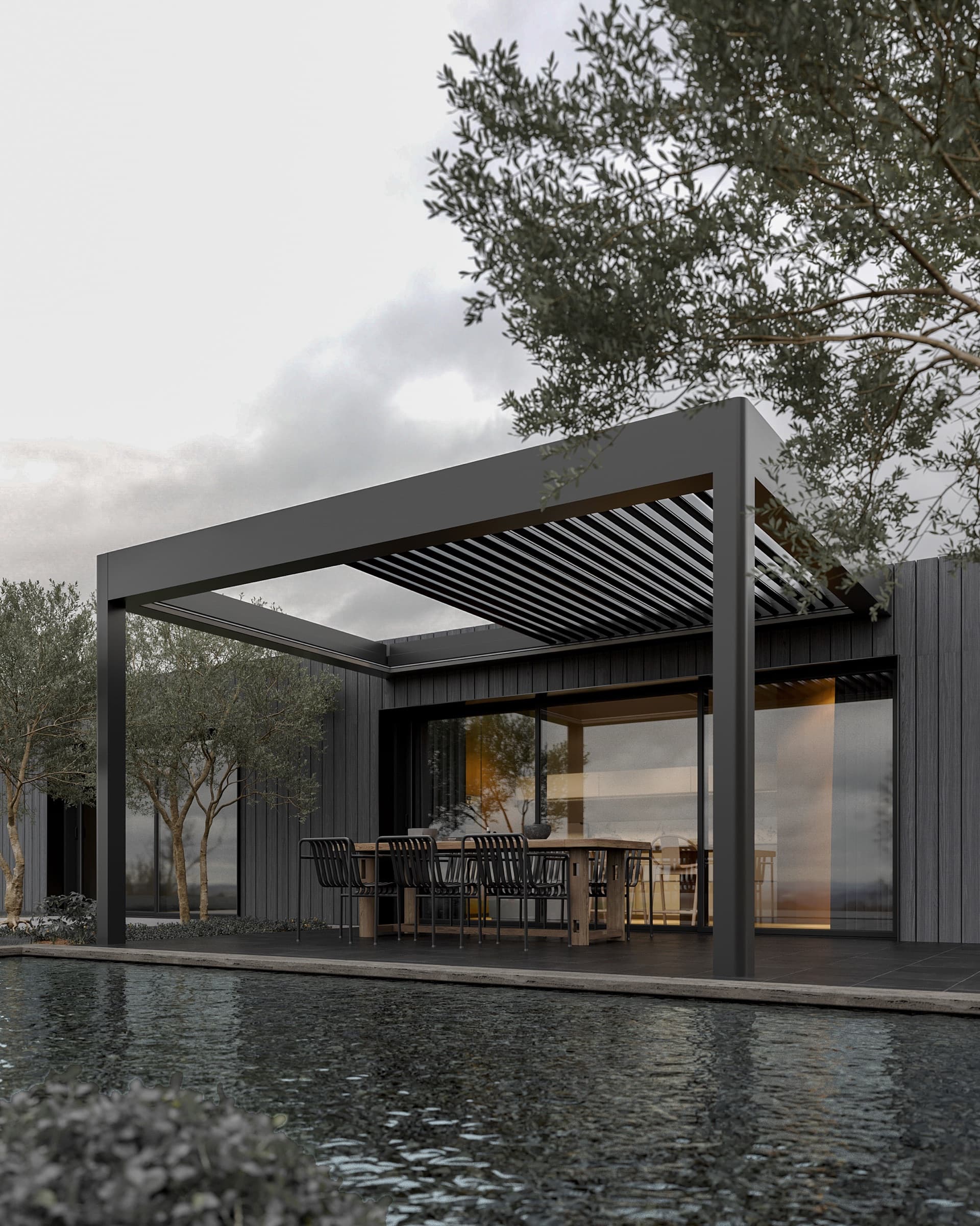Havuz kenarında konumlanan bioklimatik pergola
